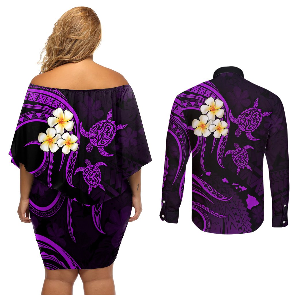 Polynesian Hawaii Couples Off Shoulder Short Dress and Long Sleeve Button Shirts Kauai Islands with Pacific Plumeria Purple Vibe LT9 - Polynesian Pride