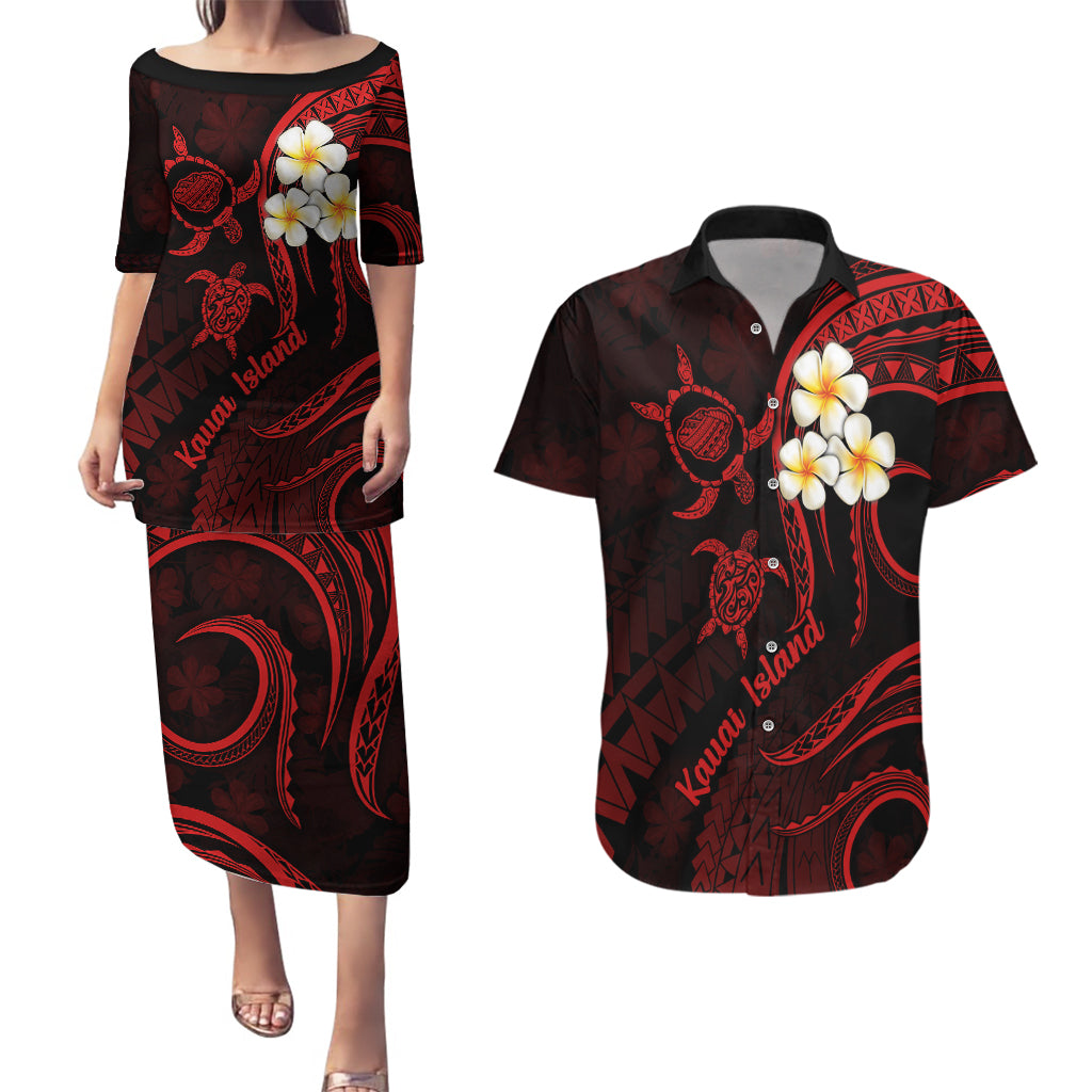Polynesian Hawaii Couples Puletasi Dress and Hawaiian Shirt Kauai Islands with Pacific Plumeria Red Vibe LT9 Red - Polynesian Pride