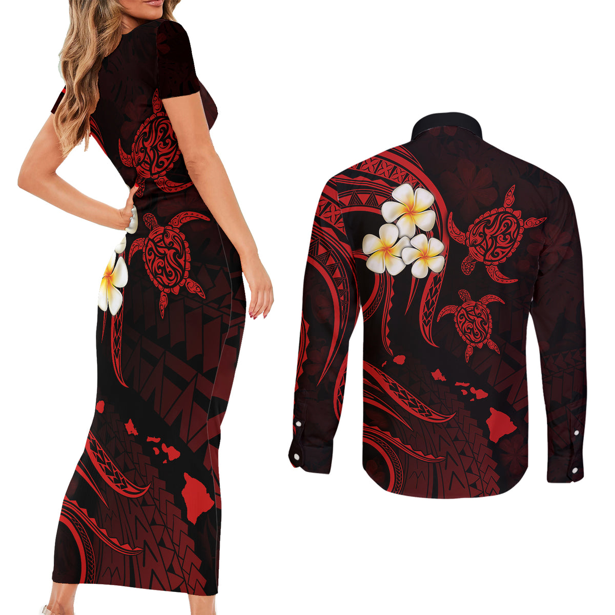 Polynesian Hawaii Couples Short Sleeve Bodycon Dress and Long Sleeve Button Shirts Kauai Islands with Pacific Plumeria Red Vibe LT9 - Polynesian Pride