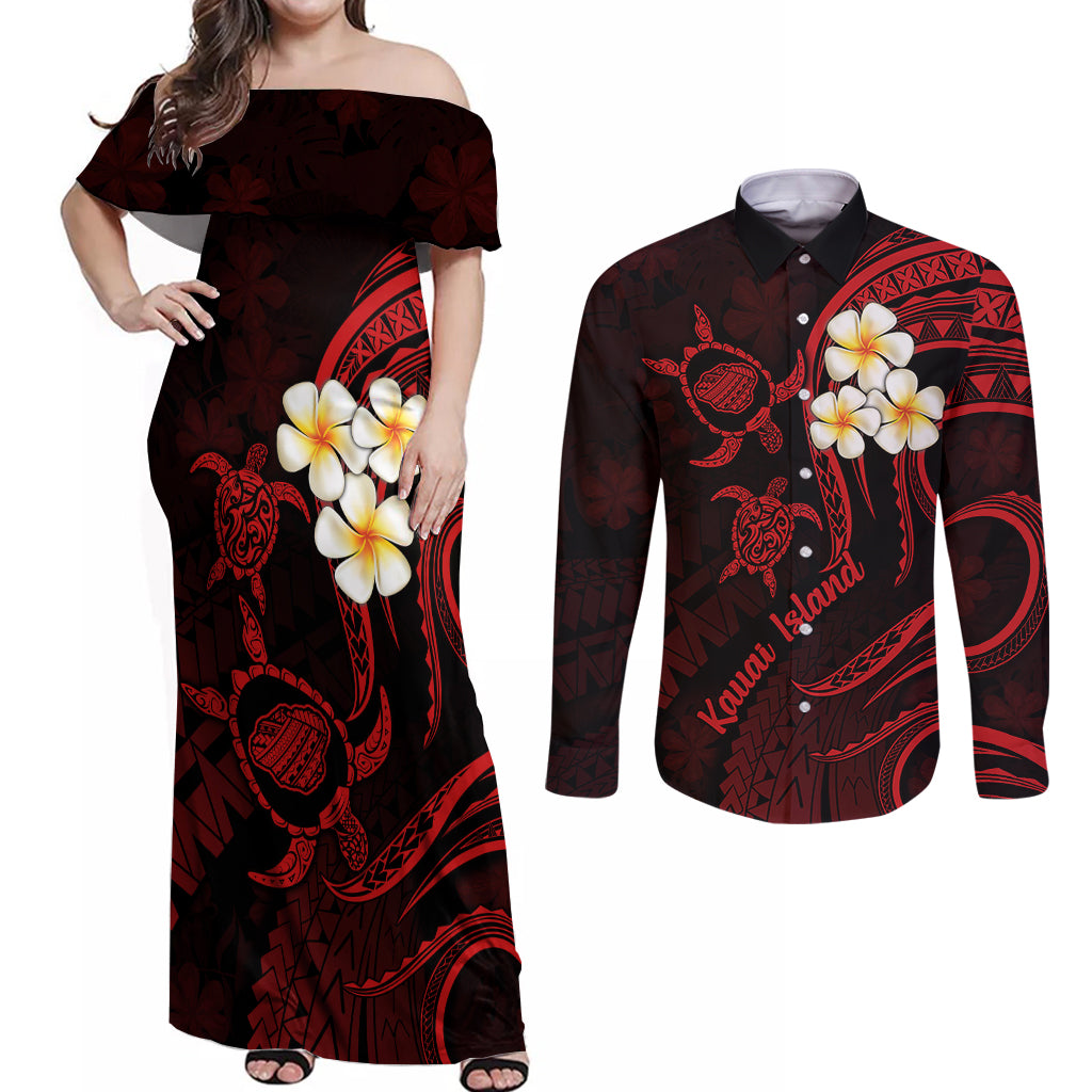 Polynesian Hawaii Couples Off Shoulder Maxi Dress and Long Sleeve Button Shirts Kauai Islands with Pacific Plumeria Red Vibe LT9 Red - Polynesian Pride