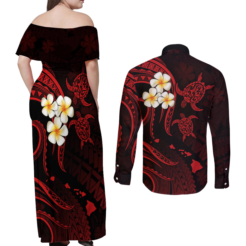 Polynesian Hawaii Couples Off Shoulder Maxi Dress and Long Sleeve Button Shirts Kauai Islands with Pacific Plumeria Red Vibe LT9 - Polynesian Pride