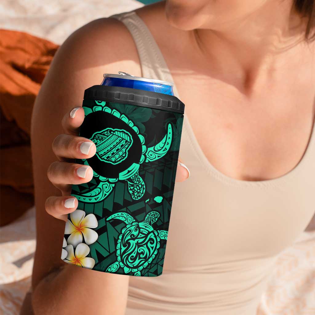 Hawaii Kauai Islands Pacific Plumeria 4 in 1 Can Cooler Tumbler Turquoise Polynesian Tattoo