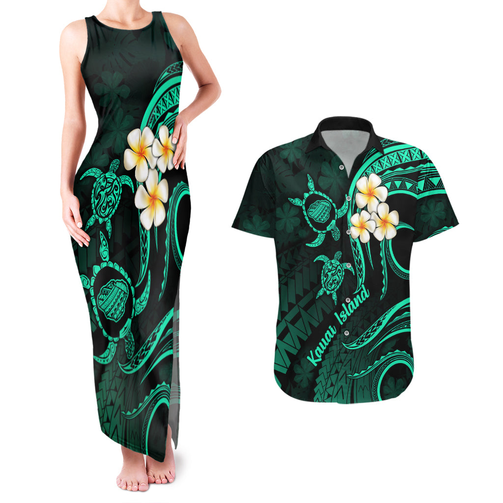 Polynesian Hawaii Couples Matching Tank Maxi Dress And Hawaiian Shirt Kauai Islands with Pacific Plumeria Turquoise Vibe LT9 Turquoise - Polynesian Pride