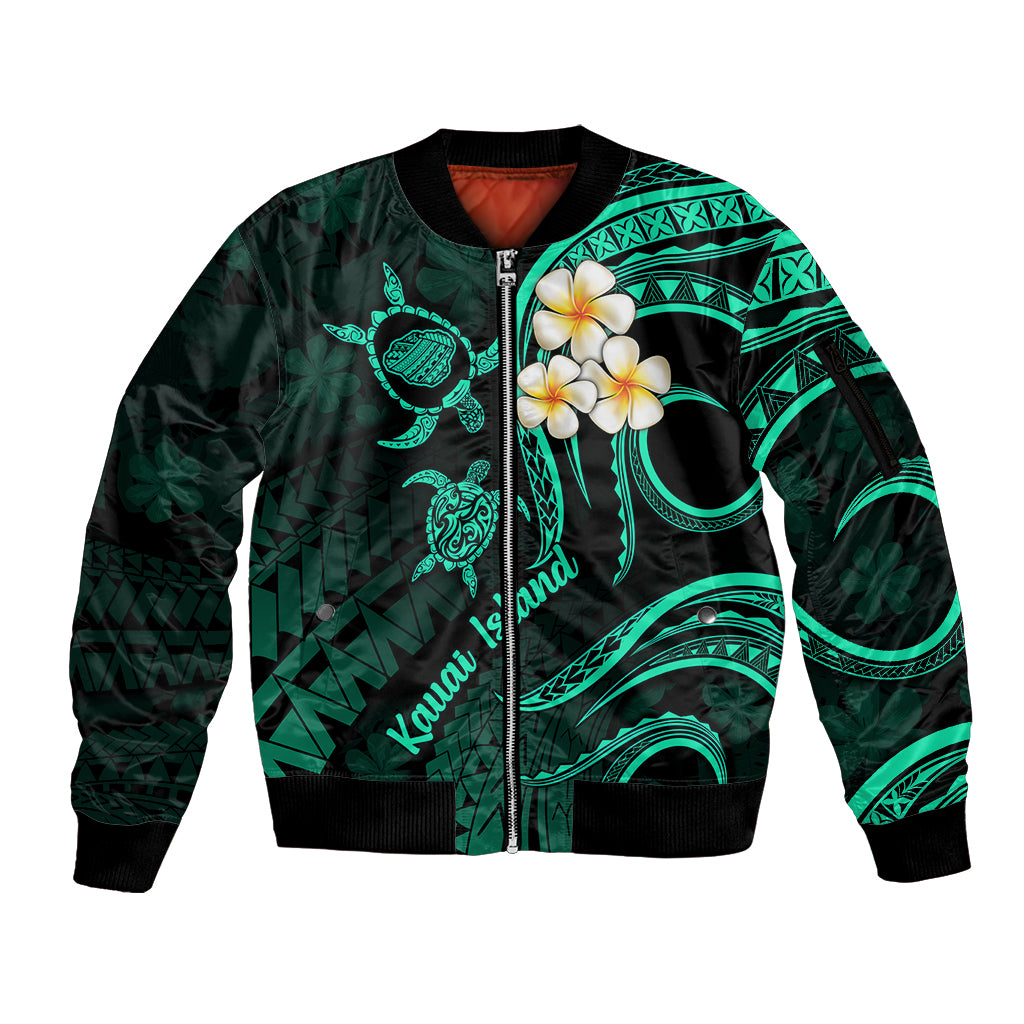 Polynesian Hawaii Sleeve Zip Bomber Jacket Kauai Islands with Pacific Plumeria Turquoise Vibe LT9 Unisex Turquoise - Polynesian Pride