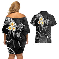 Polynesian Hawaii Couples Off Shoulder Short Dress and Hawaiian Shirt Kauai Islands with Pacific Plumeria White Vibe LT9 - Polynesian Pride
