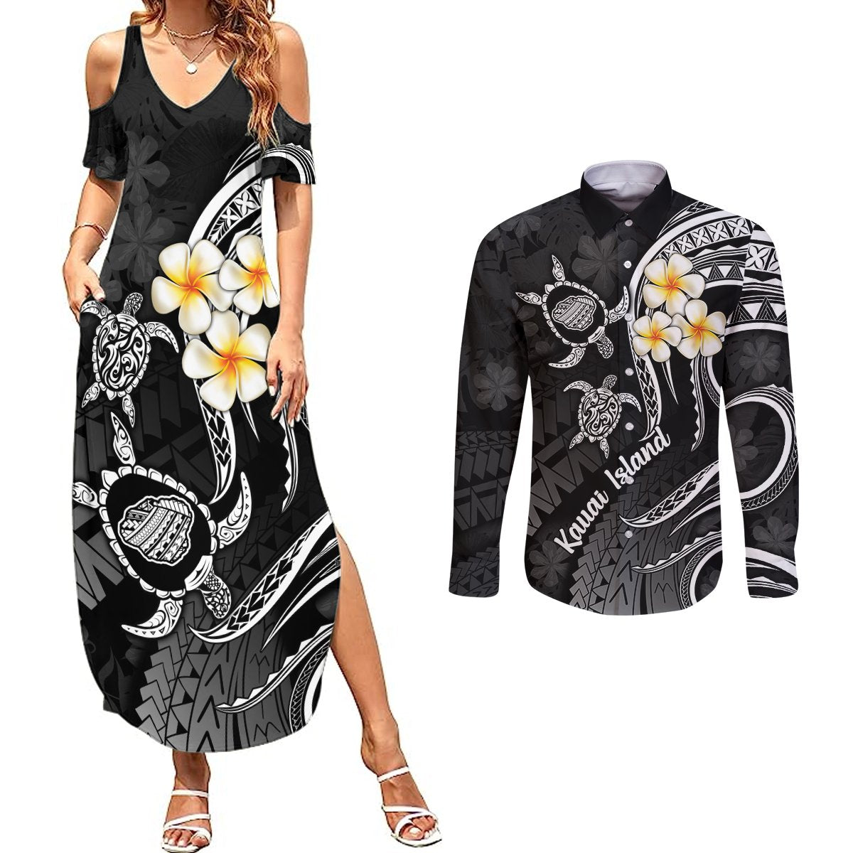 Polynesian Hawaii Couples Summer Maxi Dress and Long Sleeve Button Shirts Kauai Islands with Pacific Plumeria White Vibe LT9 White - Polynesian Pride