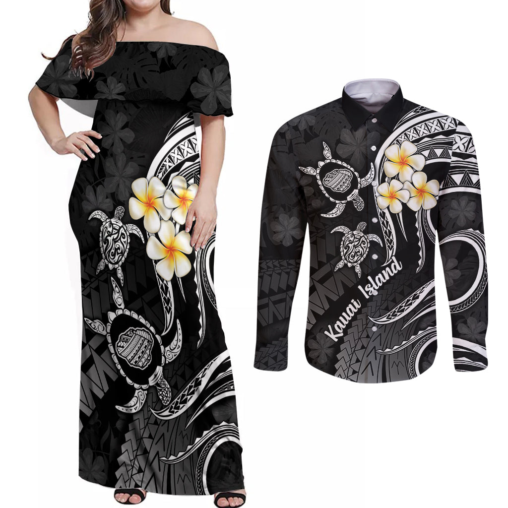 Polynesian Hawaii Couples Off Shoulder Maxi Dress and Long Sleeve Button Shirts Kauai Islands with Pacific Plumeria White Vibe LT9 White - Polynesian Pride