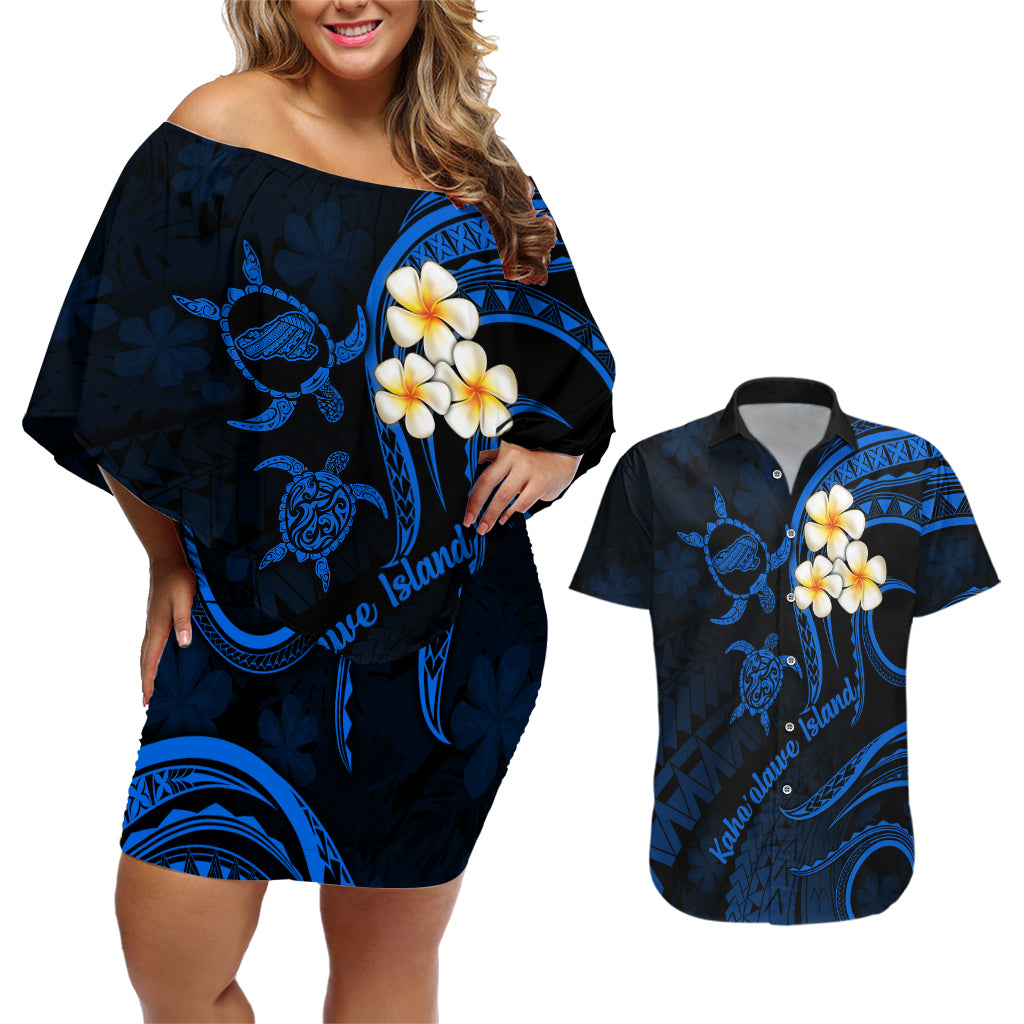 Hawaii Couples Off Shoulder Short Dress and Hawaiian Shirt Kahoolawe Islands Polynesian Sunset Plumeria LT9 Blue - Polynesian Pride
