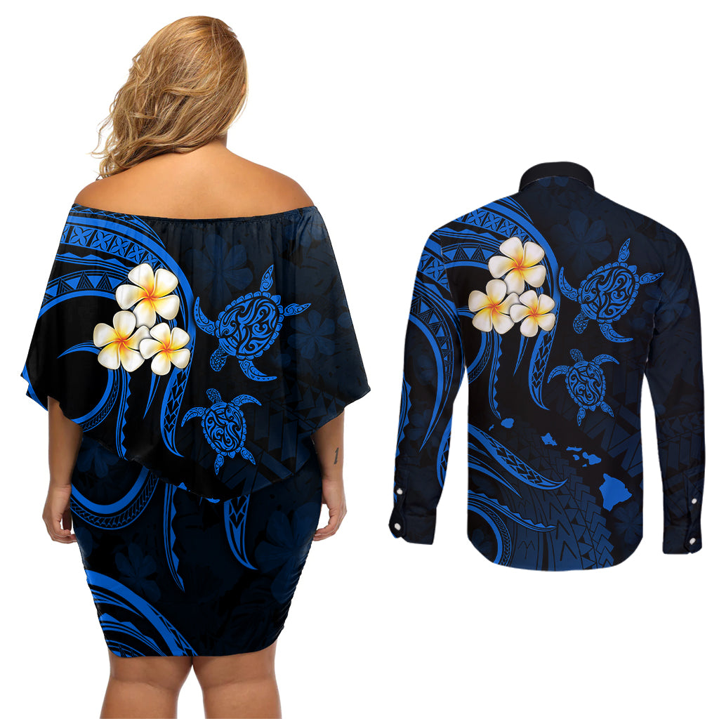Hawaii Couples Off Shoulder Short Dress and Long Sleeve Button Shirts Kahoolawe Islands Polynesian Sunset Plumeria LT9 - Polynesian Pride
