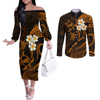 Hawaii Couples Off The Shoulder Long Sleeve Dress and Long Sleeve Button Shirts Kahoolawe Islands Polynesian Sunset Plumeria Gold Vibe LT9 Gold - Polynesian Pride