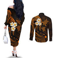 Hawaii Couples Off The Shoulder Long Sleeve Dress and Long Sleeve Button Shirts Kahoolawe Islands Polynesian Sunset Plumeria Gold Vibe LT9 - Polynesian Pride