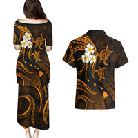Hawaii Couples Puletasi Dress and Hawaiian Shirt Kahoolawe Islands Polynesian Sunset Plumeria Gold Vibe LT9 - Polynesian Pride