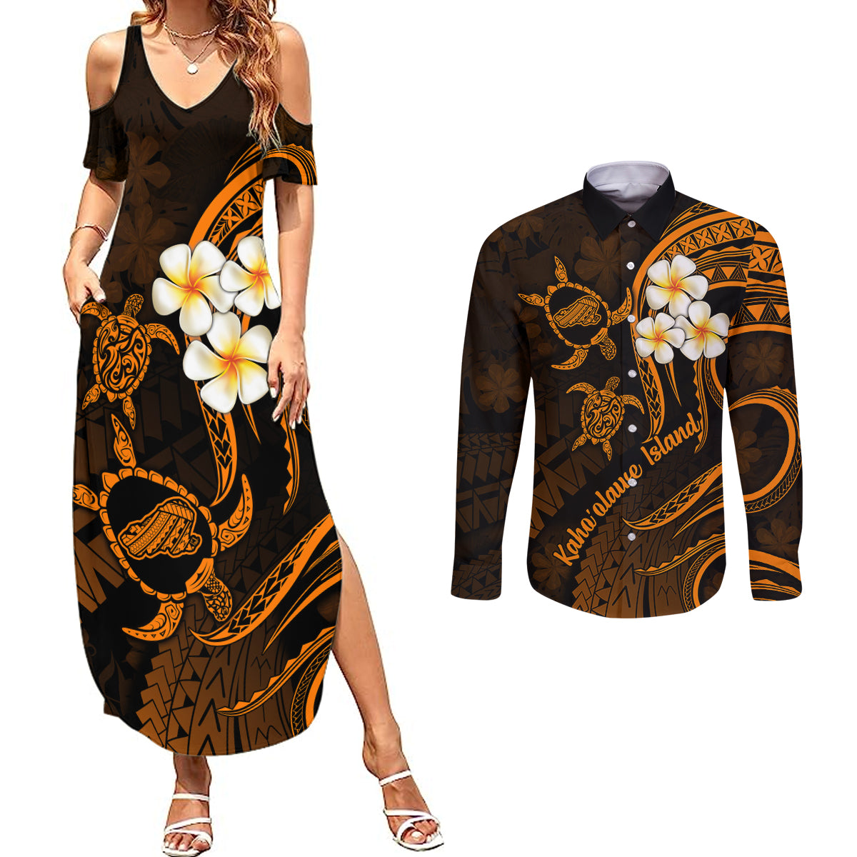 Hawaii Couples Summer Maxi Dress and Long Sleeve Button Shirts Kahoolawe Islands Polynesian Sunset Plumeria Gold Vibe LT9 Gold - Polynesian Pride
