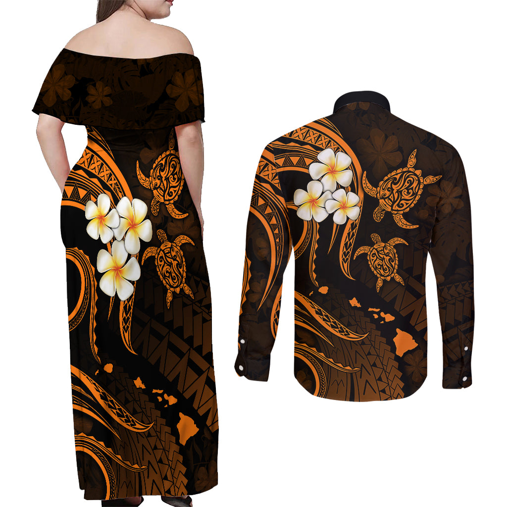 Hawaii Couples Off Shoulder Maxi Dress and Long Sleeve Button Shirts Kahoolawe Islands Polynesian Sunset Plumeria Gold Vibe LT9 - Polynesian Pride