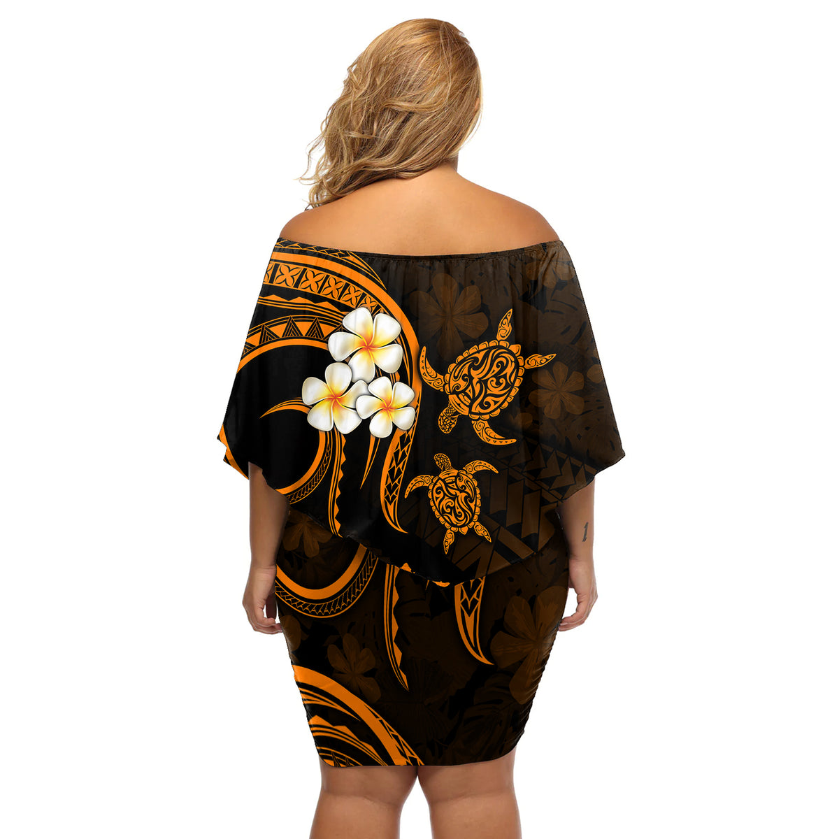 Hawaii Off Shoulder Short Dress Kahoolawe Islands Polynesian Sunset Plumeria Gold Vibe LT9 - Polynesian Pride