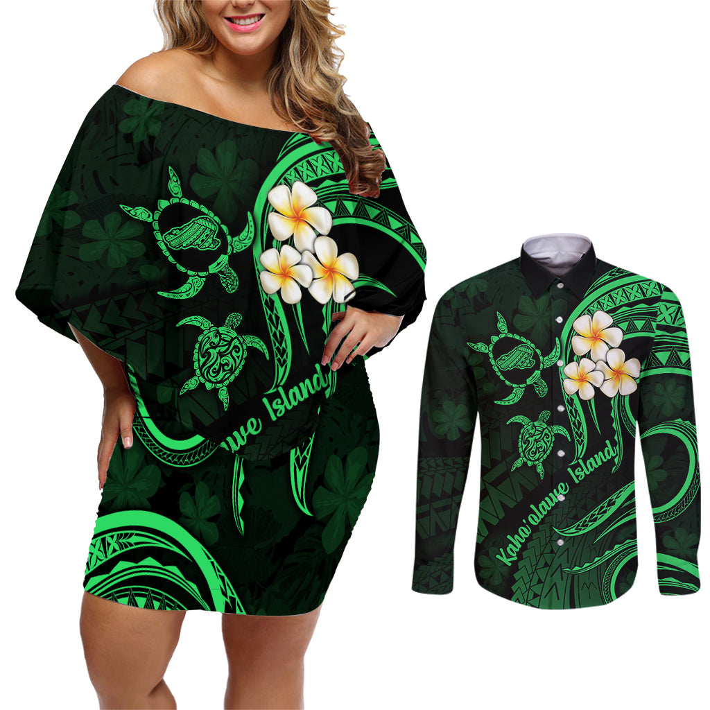 Hawaii Couples Off Shoulder Short Dress and Long Sleeve Button Shirts Kahoolawe Islands Polynesian Sunset Plumeria Green Vibe LT9 Green - Polynesian Pride