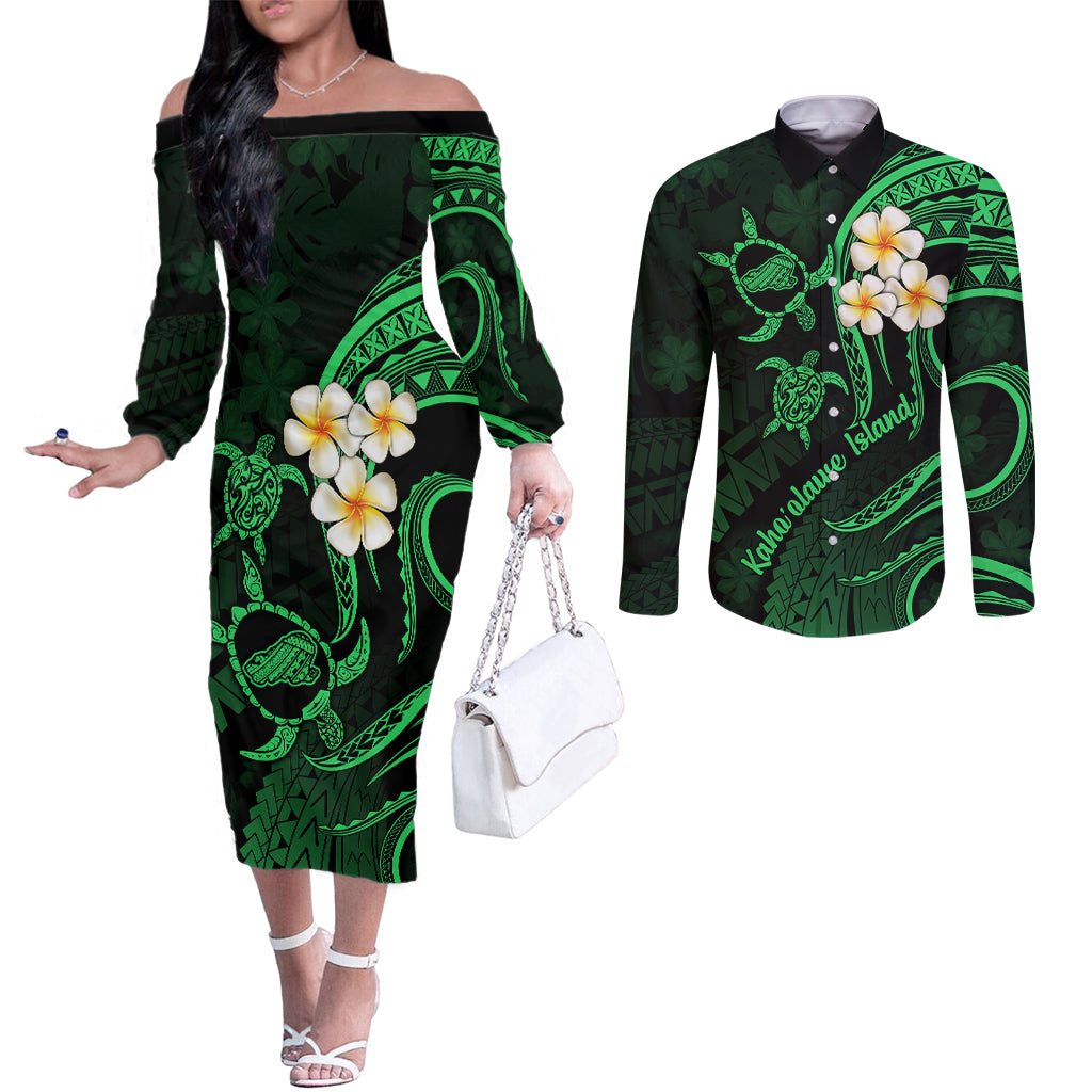 Hawaii Couples Off The Shoulder Long Sleeve Dress and Long Sleeve Button Shirts Kahoolawe Islands Polynesian Sunset Plumeria Green Vibe LT9 Green - Polynesian Pride
