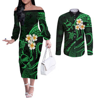 Hawaii Couples Off The Shoulder Long Sleeve Dress and Long Sleeve Button Shirts Kahoolawe Islands Polynesian Sunset Plumeria Green Vibe LT9 Green - Polynesian Pride