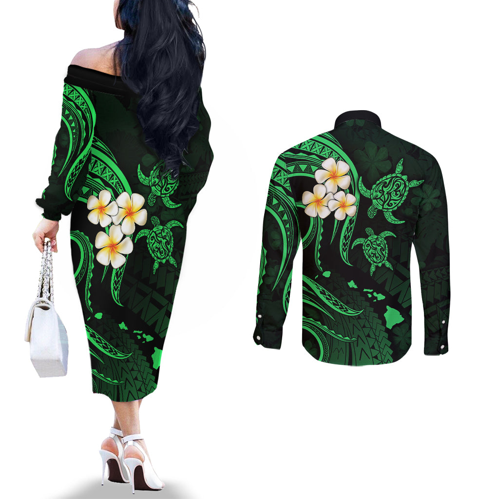 Hawaii Couples Off The Shoulder Long Sleeve Dress and Long Sleeve Button Shirts Kahoolawe Islands Polynesian Sunset Plumeria Green Vibe LT9 - Polynesian Pride
