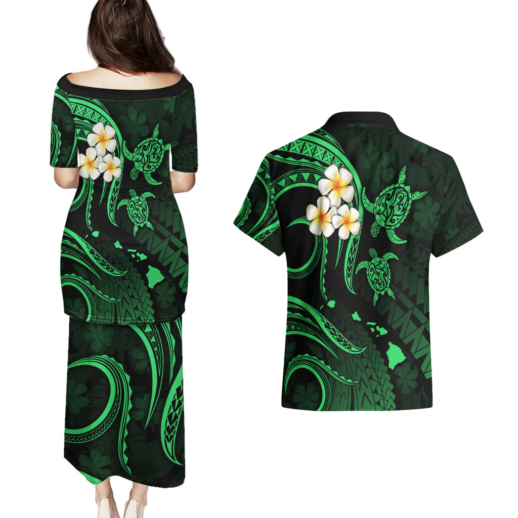 Hawaii Couples Puletasi Dress and Hawaiian Shirt Kahoolawe Islands Polynesian Sunset Plumeria Green Vibe LT9 - Polynesian Pride