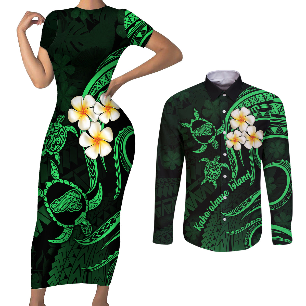 Hawaii Couples Short Sleeve Bodycon Dress and Long Sleeve Button Shirts Kahoolawe Islands Polynesian Sunset Plumeria Green Vibe LT9 Green - Polynesian Pride