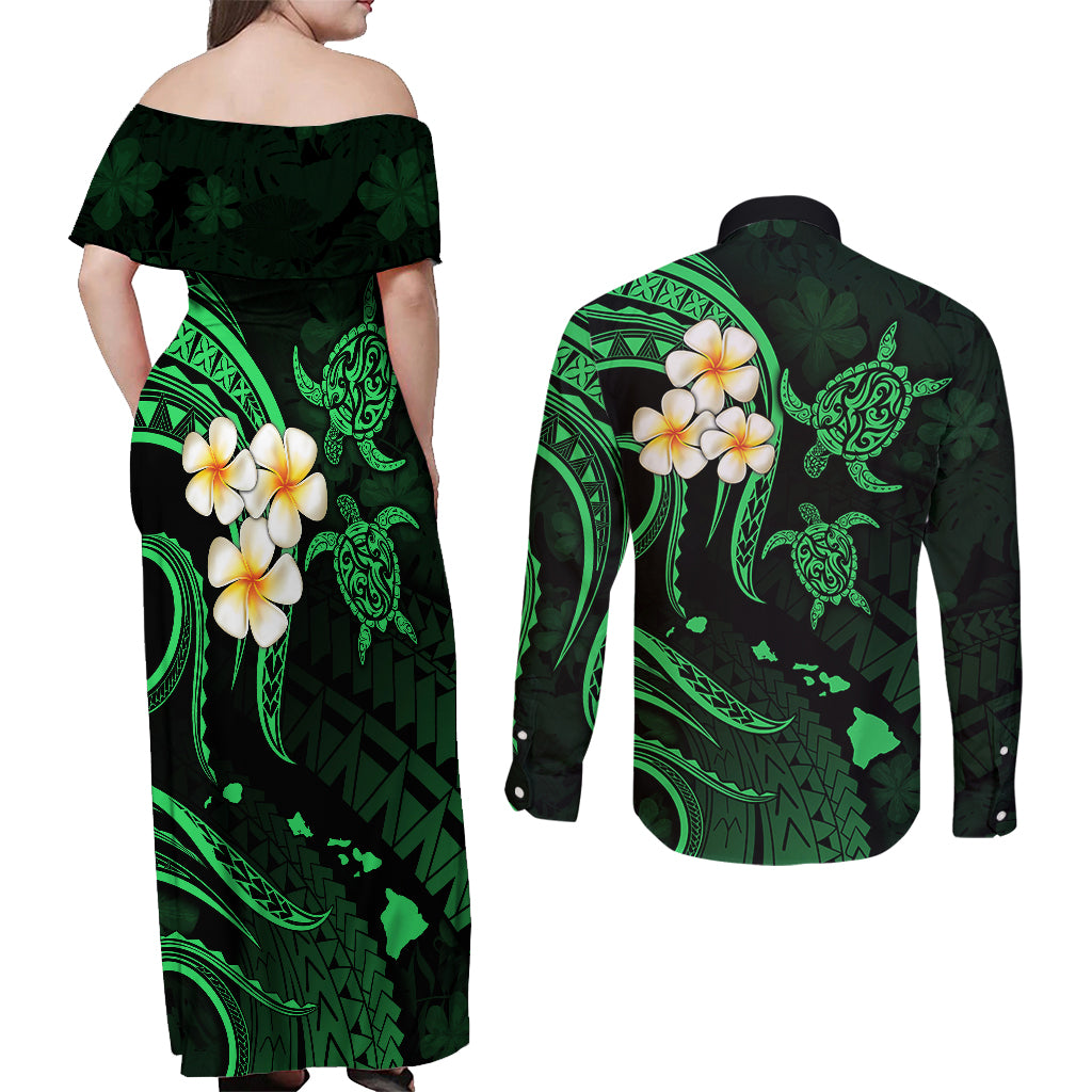 Hawaii Couples Off Shoulder Maxi Dress and Long Sleeve Button Shirts Kahoolawe Islands Polynesian Sunset Plumeria Green Vibe LT9 - Polynesian Pride