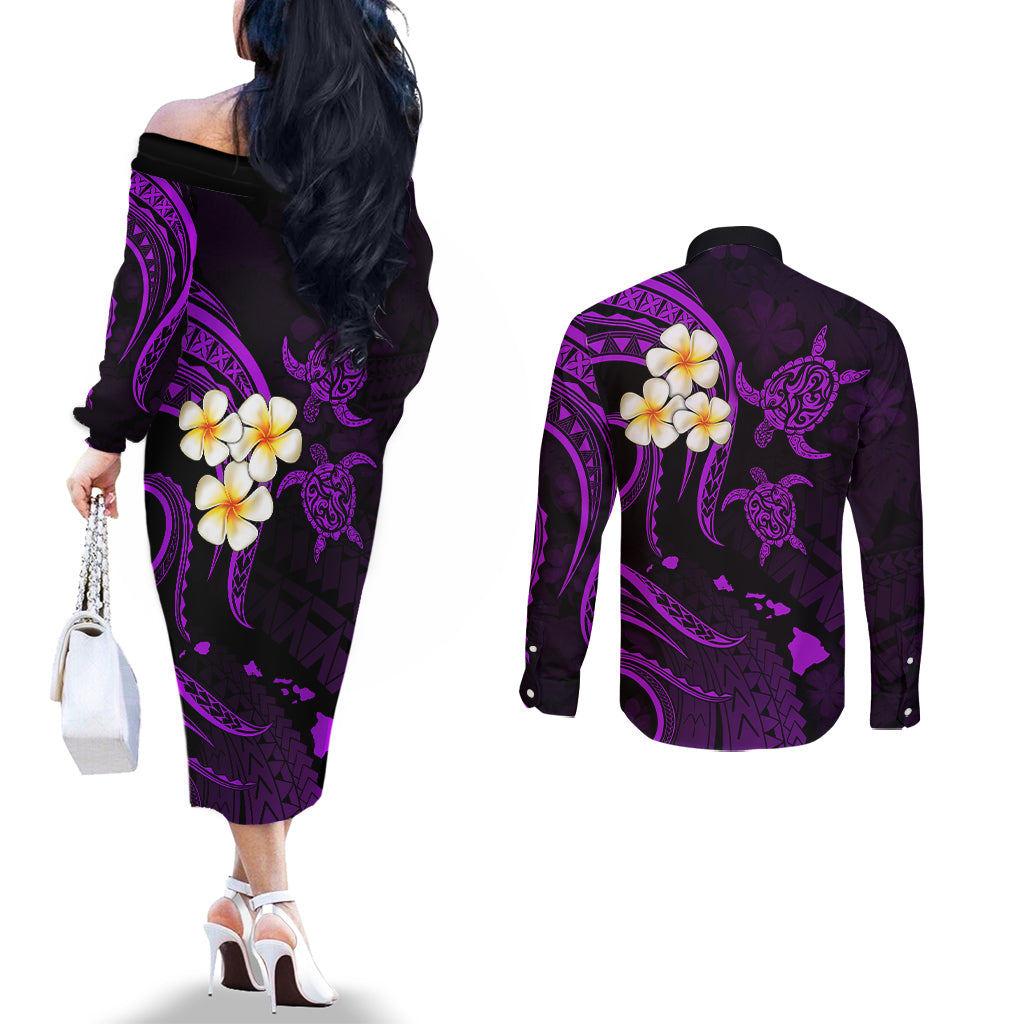 Polynesian Hawaii Couples Off The Shoulder Long Sleeve Dress and Long Sleeve Button Shirts Kahoolawe Islands with Pacific Plumeria Purple Vibe LT9 - Polynesian Pride