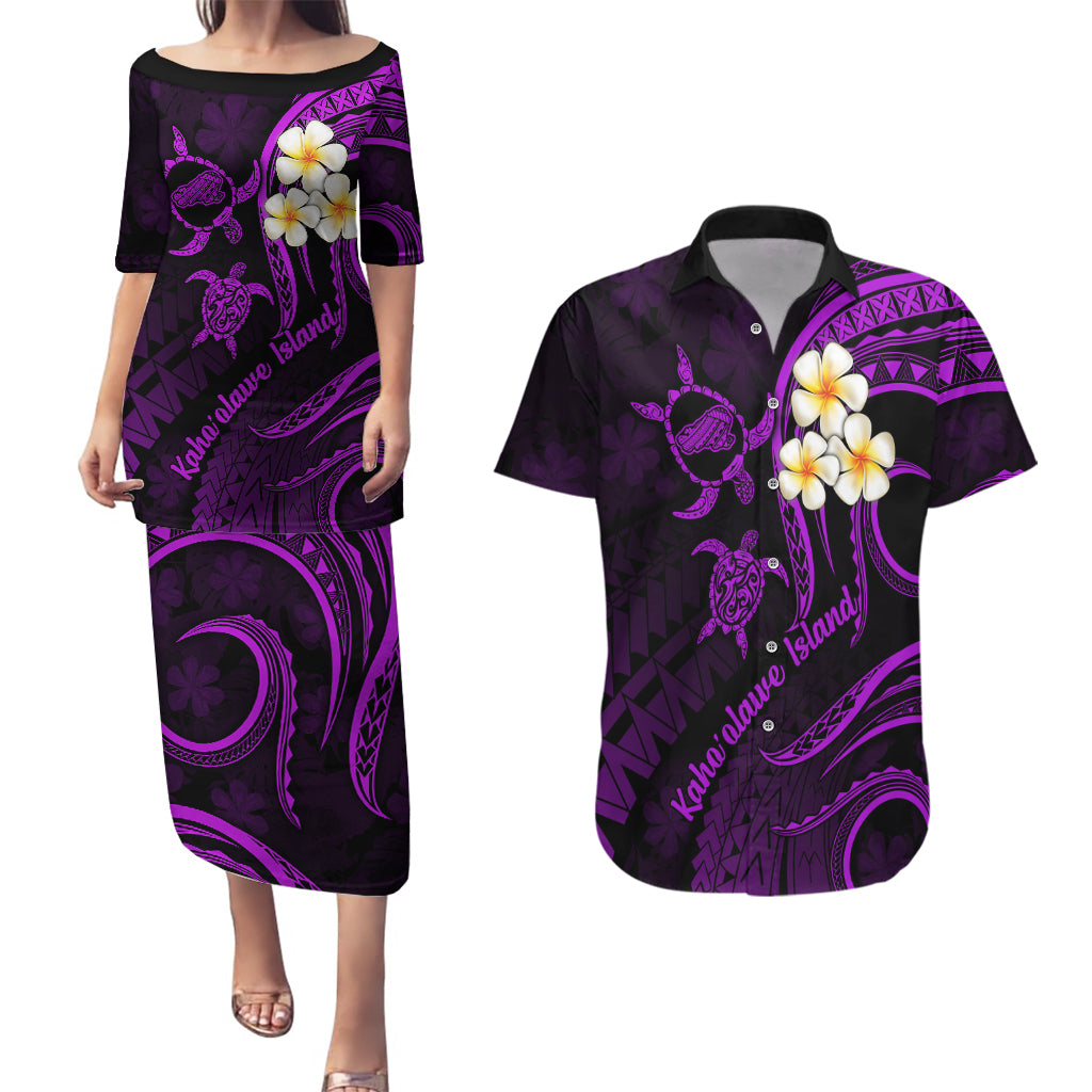 Polynesian Hawaii Couples Puletasi Dress and Hawaiian Shirt Kahoolawe Islands with Pacific Plumeria Purple Vibe LT9 Purple - Polynesian Pride