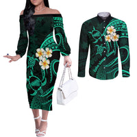 Polynesian Hawaii Couples Off The Shoulder Long Sleeve Dress and Long Sleeve Button Shirts Kahoolawe Islands with Pacific Plumeria Turquoise Vibe LT9 Turquoise - Polynesian Pride