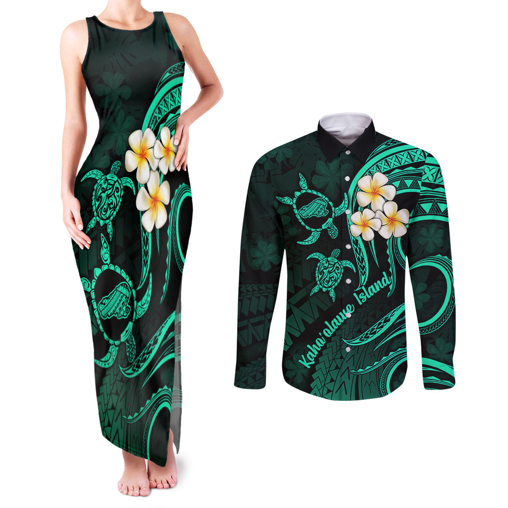 Polynesian Hawaii Couples Matching Tank Maxi Dress and Long Sleeve Button Shirts Kahoolawe Islands with Pacific Plumeria Turquoise Vibe LT9 Turquoise - Polynesian Pride