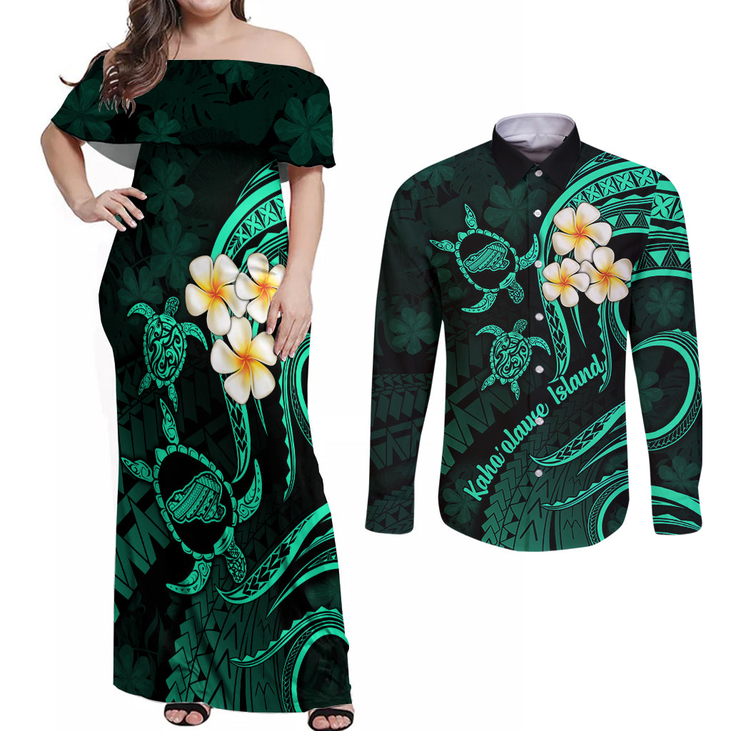 Polynesian Hawaii Couples Off Shoulder Maxi Dress and Long Sleeve Button Shirts Kahoolawe Islands with Pacific Plumeria Turquoise Vibe LT9 Turquoise - Polynesian Pride