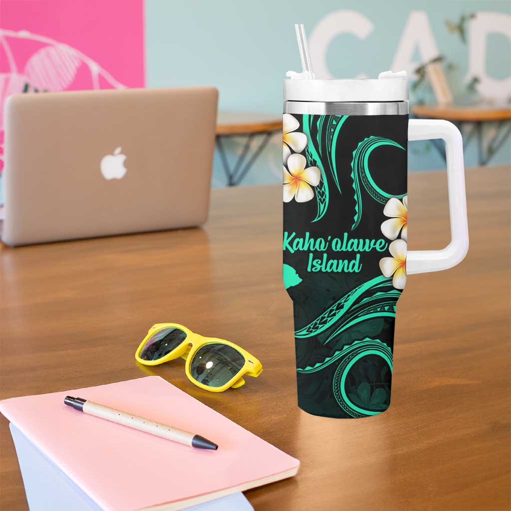 Hawaii Kahoolawe Islands Pacific Plumeria Tumbler With Handle Turquoise Polynesian Tattoo