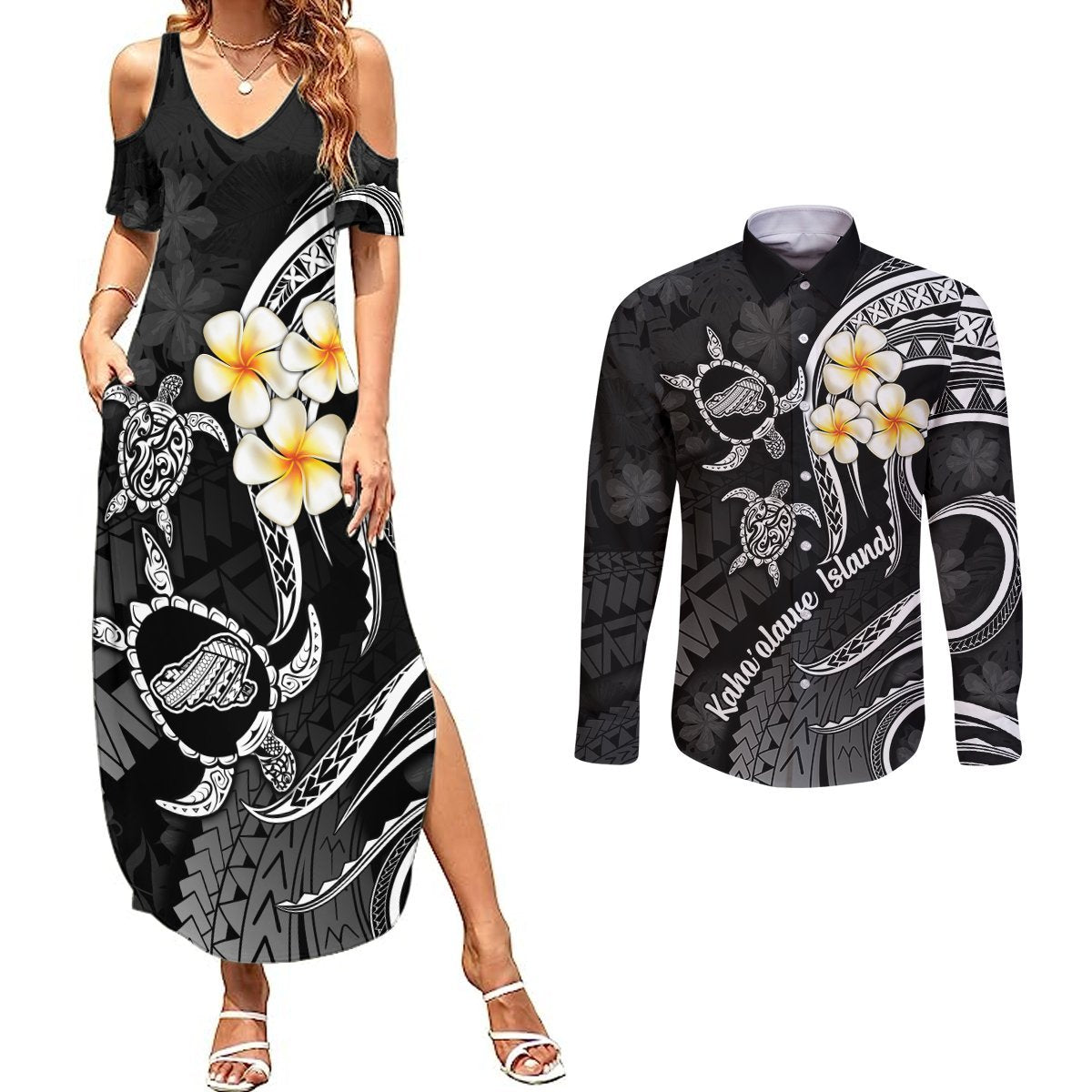 Polynesian Hawaii Couples Summer Maxi Dress and Long Sleeve Button Shirts Kahoolawe Islands with Pacific Plumeria White Vibe LT9 White - Polynesian Pride