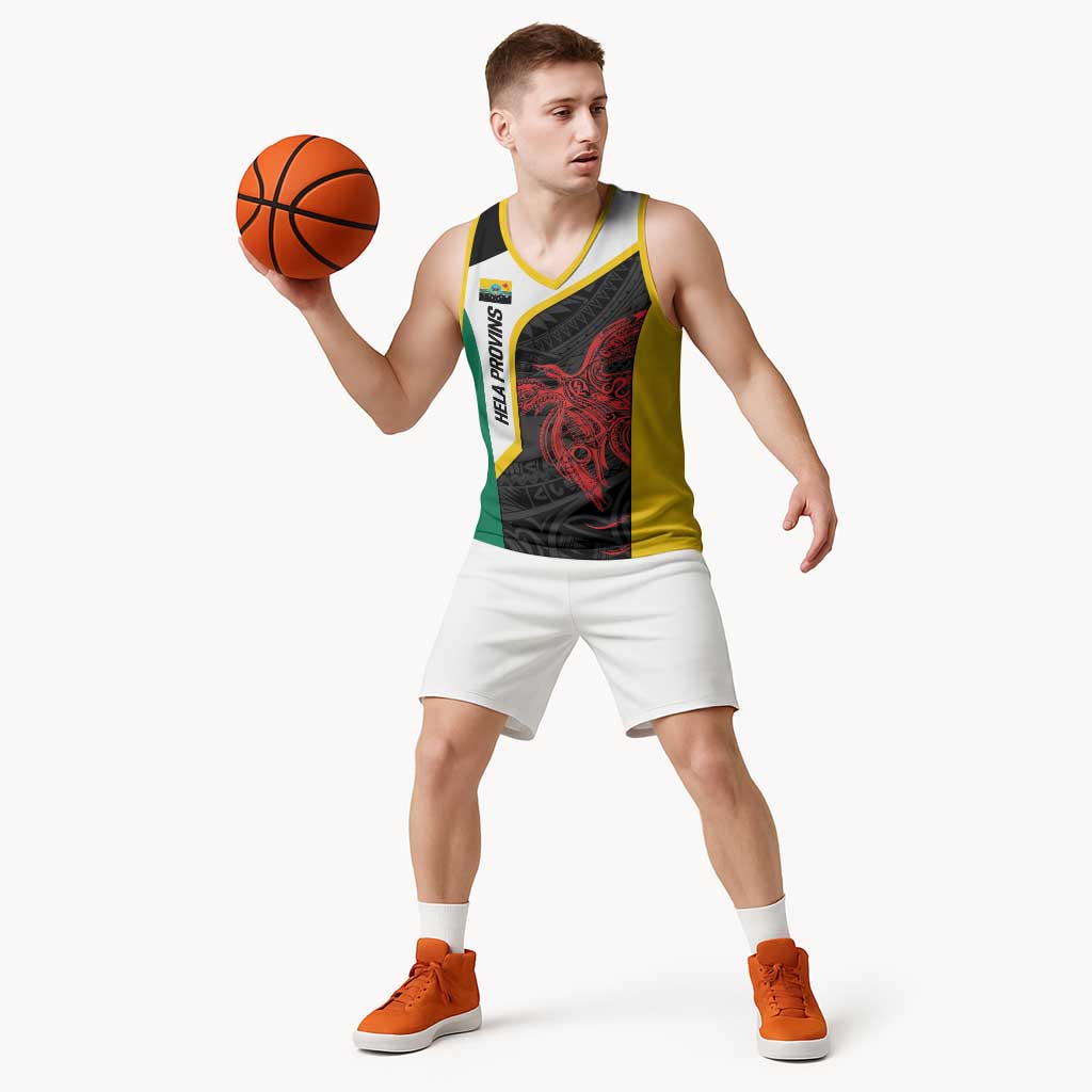Personalised PNG Hela Province Basketball Jersey Bird of Paradise Tattoo Flag Motif - Polynesian Pride