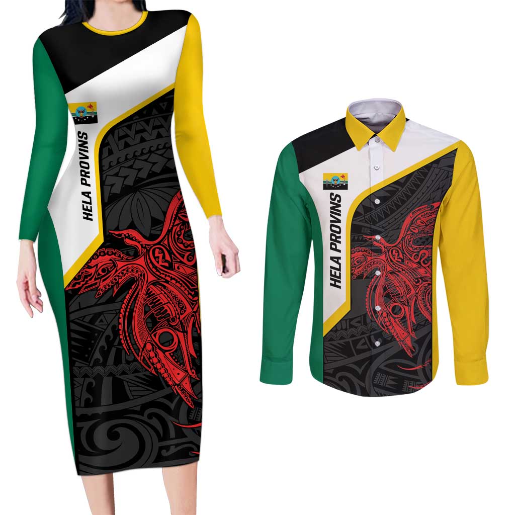Personalised PNG Hela Province Couples Matching Long Sleeve Bodycon Dress and Long Sleeve Button Shirt Bird of Paradise Tattoo Flag Motif LT9 Yellow - Polynesian Pride