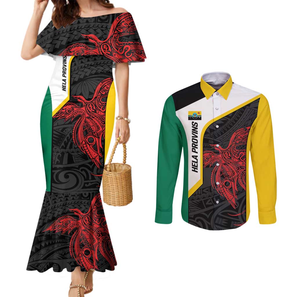 Personalised PNG Hela Province Couples Matching Mermaid Dress and Long Sleeve Button Shirt Bird of Paradise Tattoo Flag Motif LT9 Yellow - Polynesian Pride