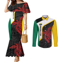 Personalised PNG Hela Province Couples Matching Mermaid Dress and Long Sleeve Button Shirt Bird of Paradise Tattoo Flag Motif LT9 Yellow - Polynesian Pride