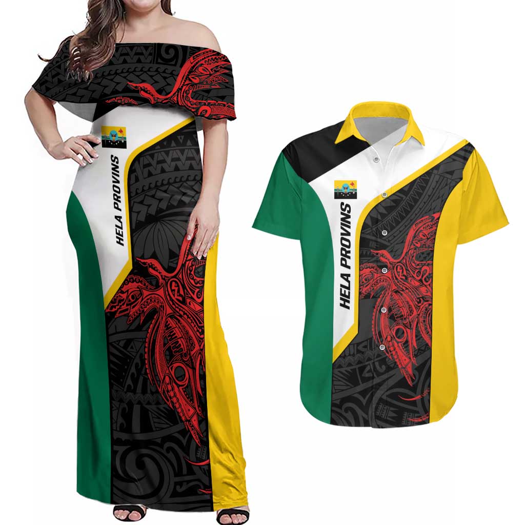 Personalised PNG Hela Province Couples Matching Off Shoulder Maxi Dress and Hawaiian Shirt Bird of Paradise Tattoo Flag Motif - Polynesian Pride
