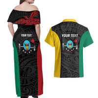 Personalised PNG Hela Province Couples Matching Off Shoulder Maxi Dress and Hawaiian Shirt Bird of Paradise Tattoo Flag Motif - Polynesian Pride