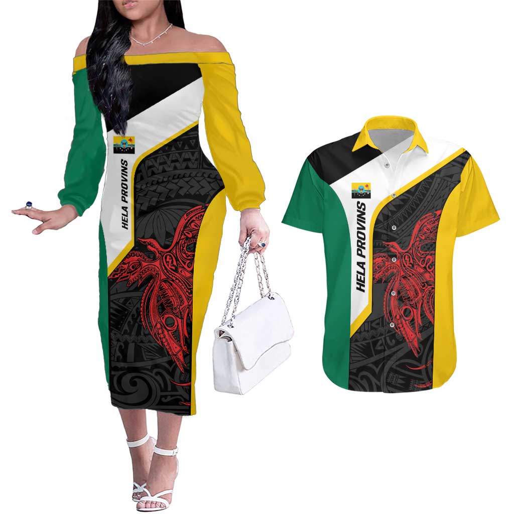 Personalised PNG Hela Province Couples Matching Off The Shoulder Long Sleeve Dress and Hawaiian Shirt Bird of Paradise Tattoo Flag Motif - Polynesian Pride