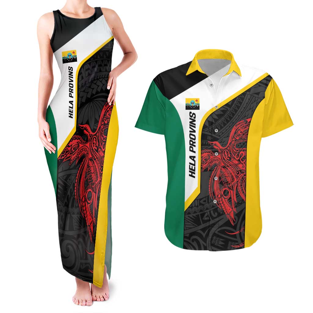 Personalised PNG Hela Province Couples Matching Tank Maxi Dress and Hawaiian Shirt Bird of Paradise Tattoo Flag Motif - Polynesian Pride