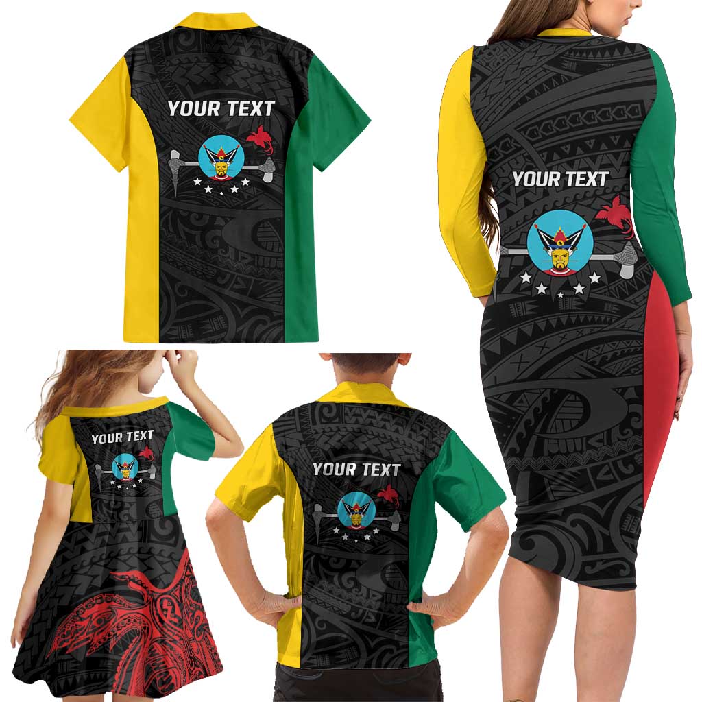 Personalised PNG Hela Province Family Matching Long Sleeve Bodycon Dress and Hawaiian Shirt Bird of Paradise Tattoo Flag Motif - Polynesian Pride