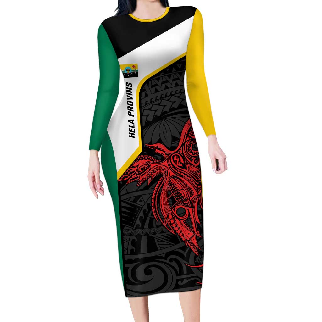 Personalised PNG Hela Province Family Matching Long Sleeve Bodycon Dress and Hawaiian Shirt Bird of Paradise Tattoo Flag Motif - Polynesian Pride