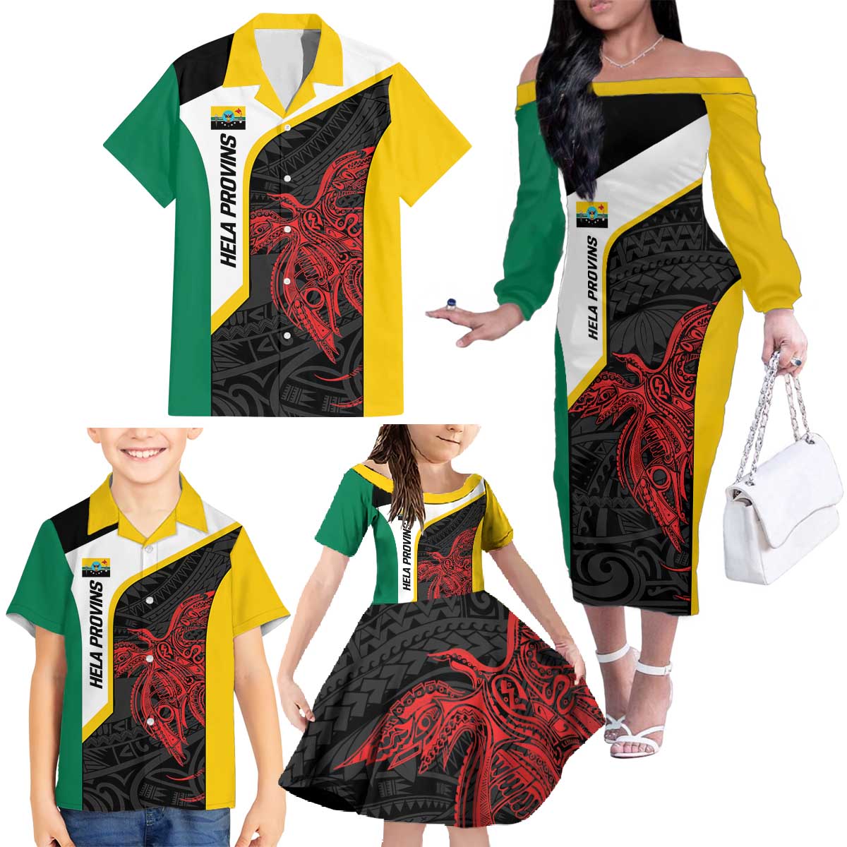 Personalised PNG Hela Province Family Matching Off The Shoulder Long Sleeve Dress and Hawaiian Shirt Bird of Paradise Tattoo Flag Motif - Polynesian Pride