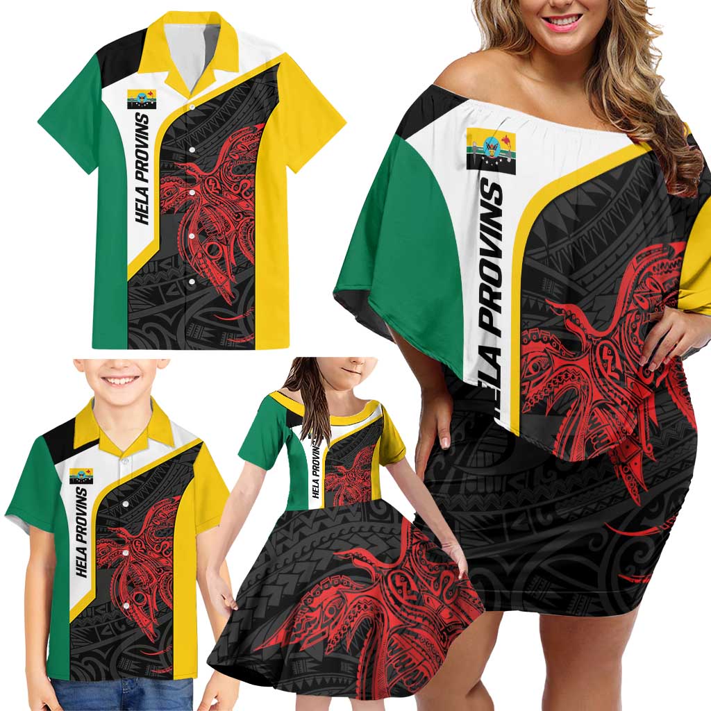 Personalised PNG Hela Province Family Matching Off Shoulder Short Dress and Hawaiian Shirt Bird of Paradise Tattoo Flag Motif - Polynesian Pride