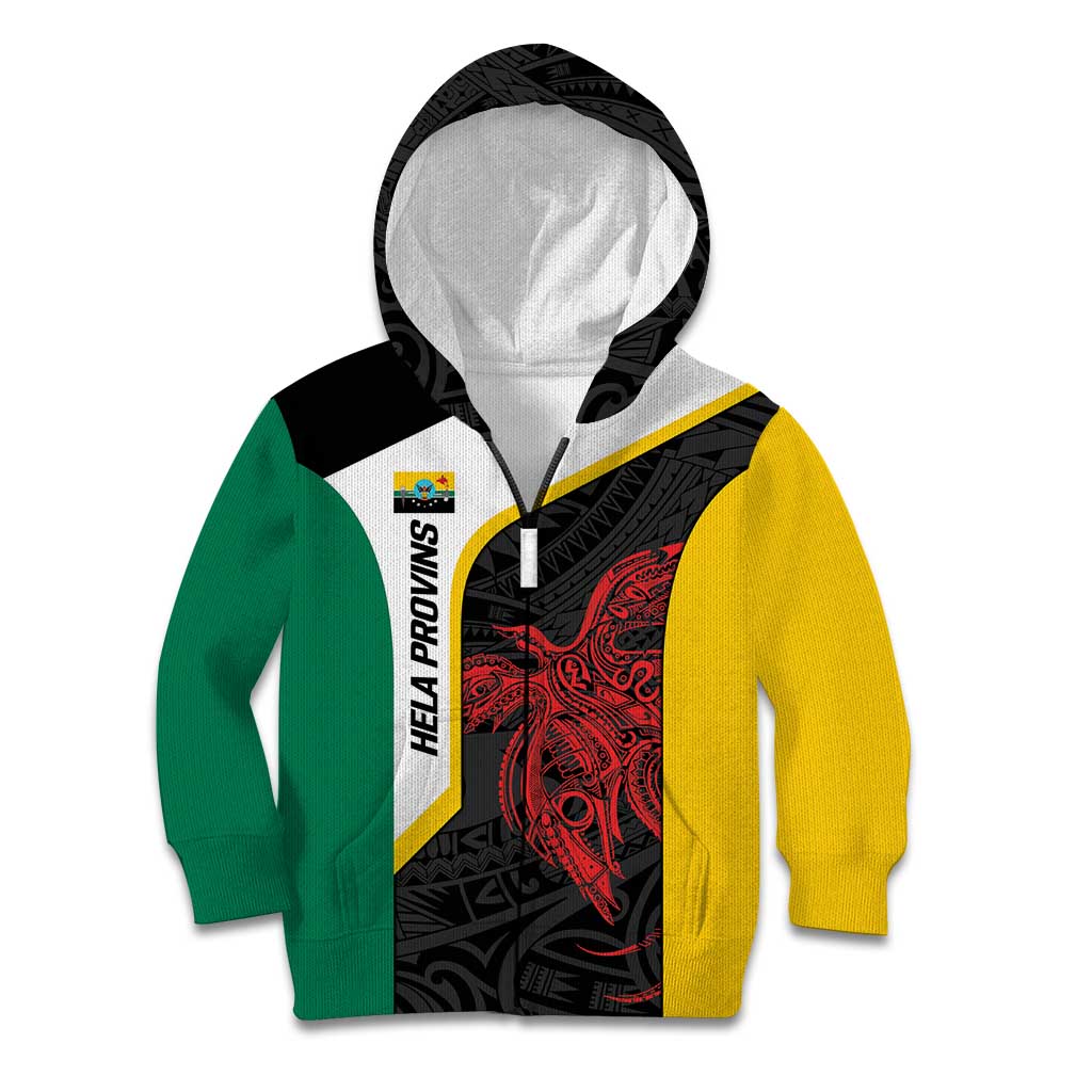 Personalised PNG Hela Province Kid Hoodie Bird of Paradise Tattoo Flag Motif - Polynesian Pride