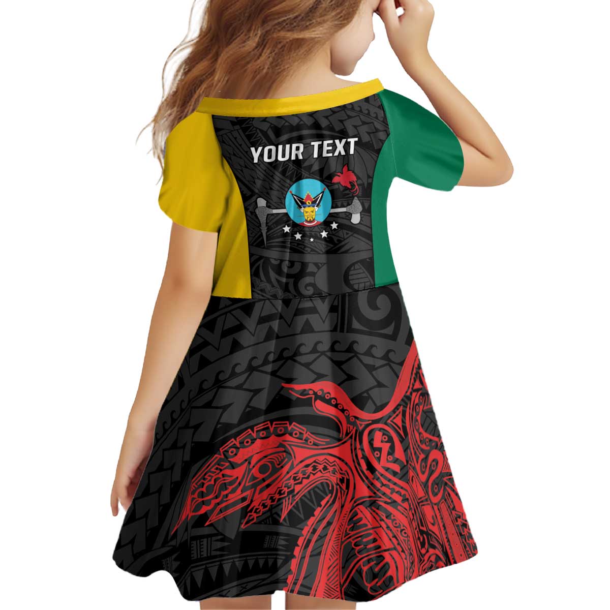 Personalised PNG Hela Province Kid Short Sleeve Dress Bird of Paradise Tattoo Flag Motif - Polynesian Pride