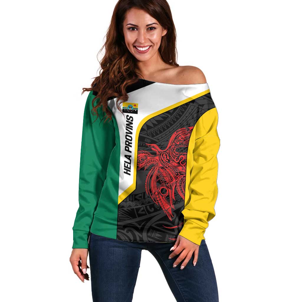 Personalised PNG Hela Province Off Shoulder Sweater Bird of Paradise Tattoo Flag Motif - Polynesian Pride