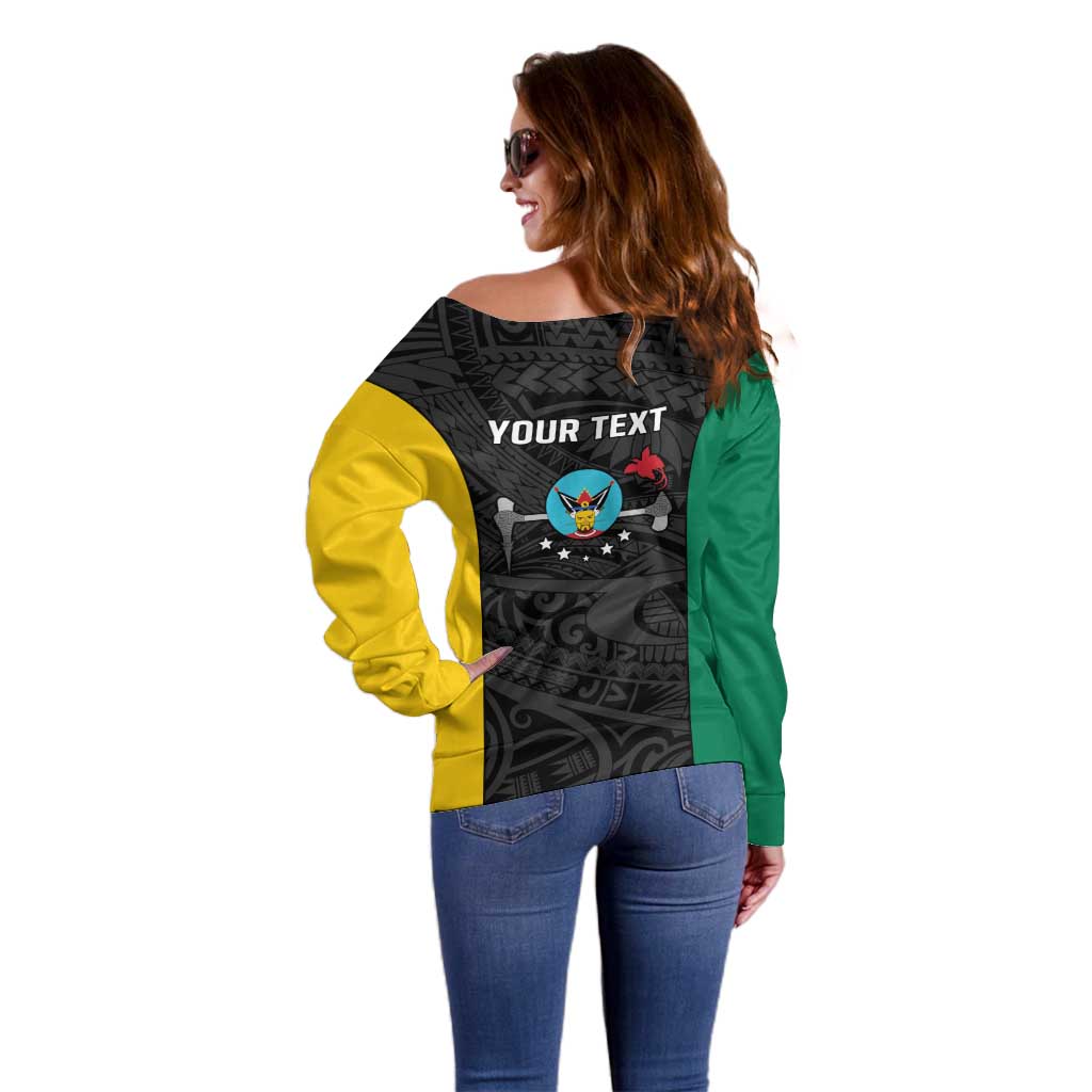 Personalised PNG Hela Province Off Shoulder Sweater Bird of Paradise Tattoo Flag Motif - Polynesian Pride