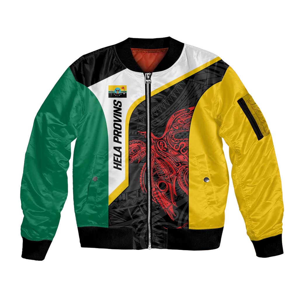 Personalised PNG Hela Province Sleeve Zip Bomber Jacket Bird of Paradise Tattoo Flag Motif - Polynesian Pride